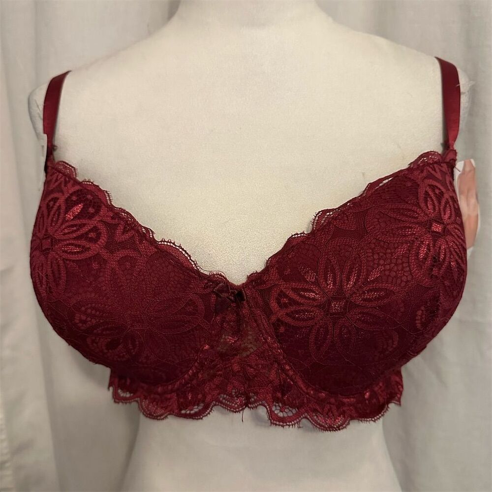 Rene Rofe Women's 40D Red Lace Underwire Bra Lightly Padded Floral